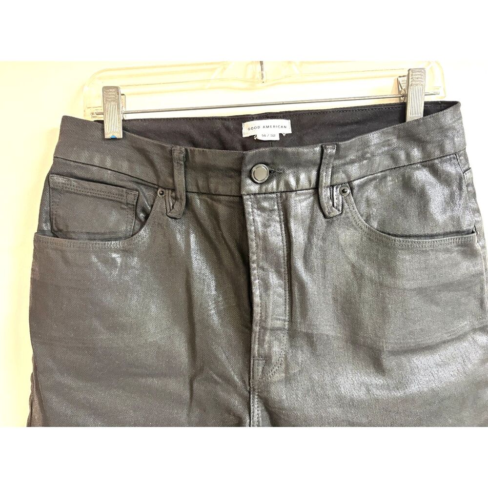 Good American Black Coated Jeans 14 Plus Wax Vegan Faux Leather Pants Denim Club - Picture 3 of 8